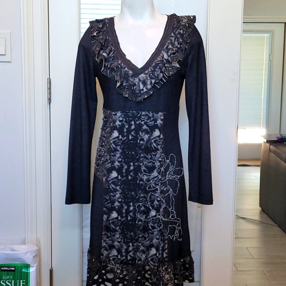 Kessley Patchwork Mixed Media Long Sleeve Dress